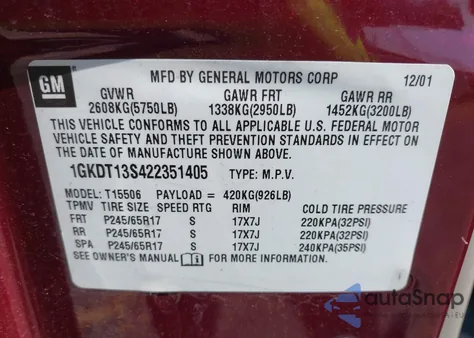 2002 GMC Envoy Slt из США, поврежденный, VIN 1GKDT13S422351405